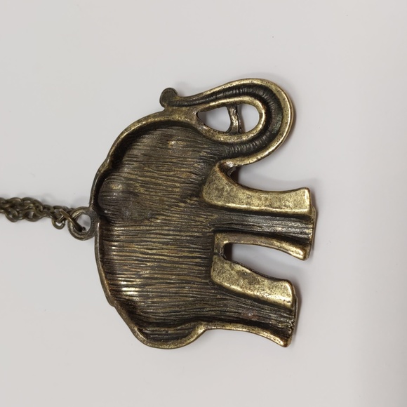 Elephant Pendant Necklace Long Brass Tone Rhinestones - Picture 4 of 9